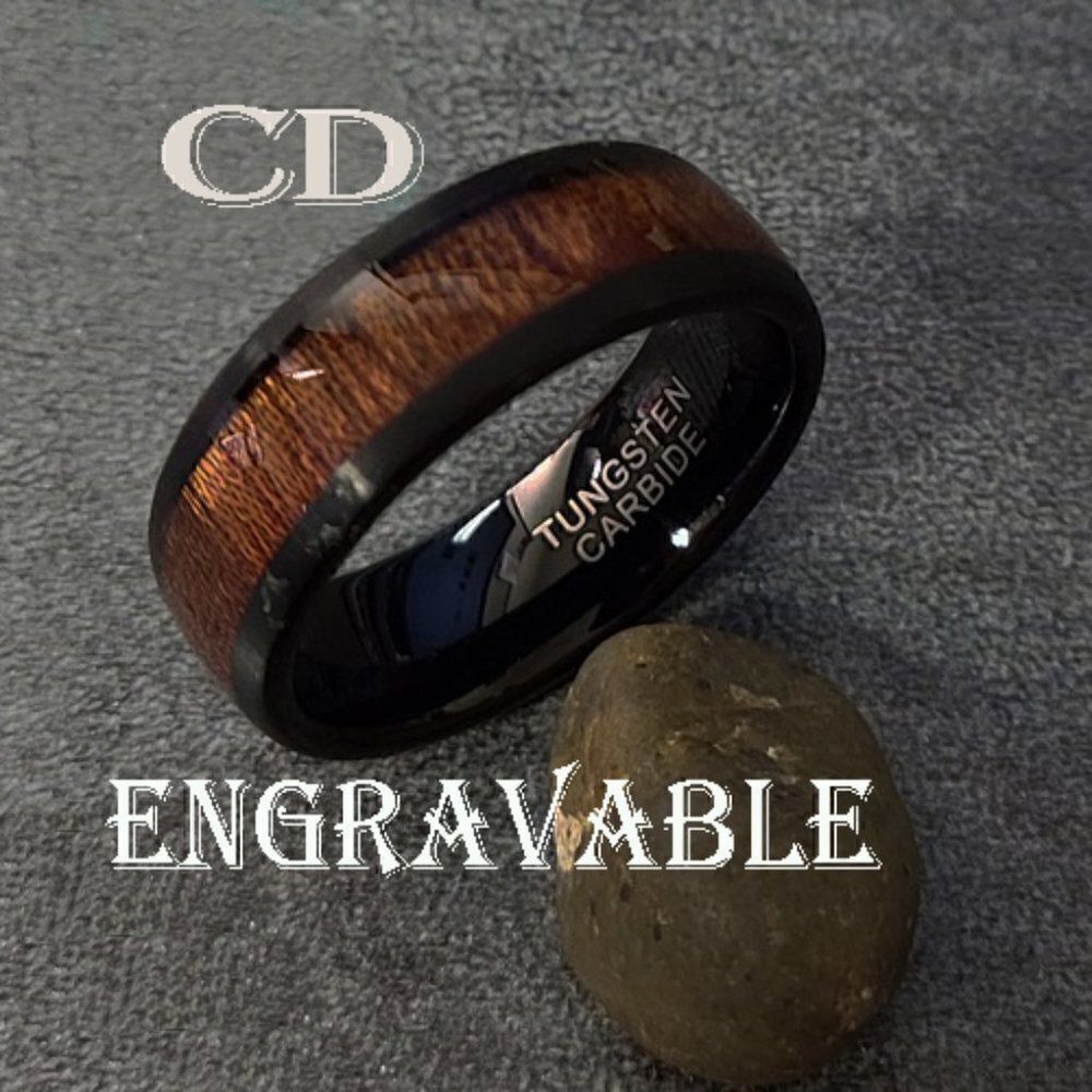 Personalized Engraved Men's Black Tungsten Wedding Ring Koa Wood Inlay